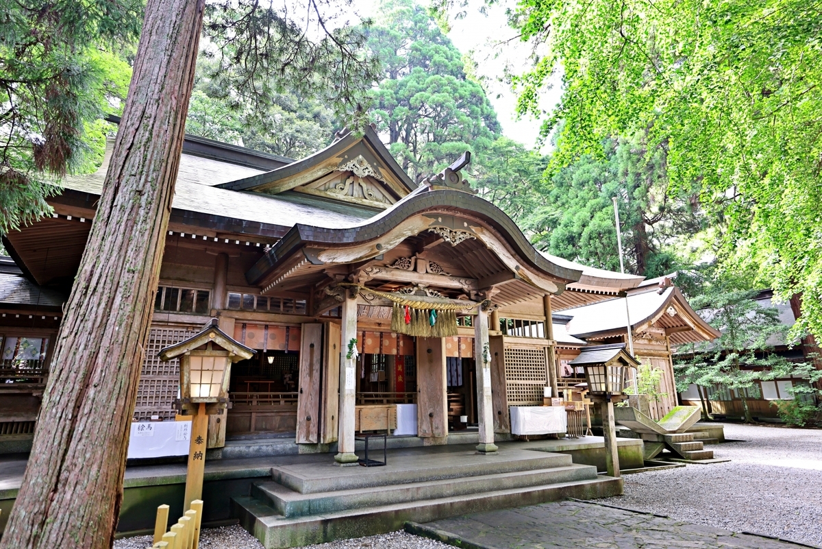 高千穂神社本殿と周囲の杉林が調和する境内の様子
