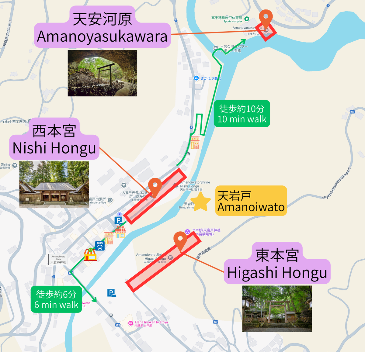 天岩戸神社3つの聖地と徒歩経路、駐車場やバス停、土産店や食事処・カフェ等ショップの位置関係を示したマップ