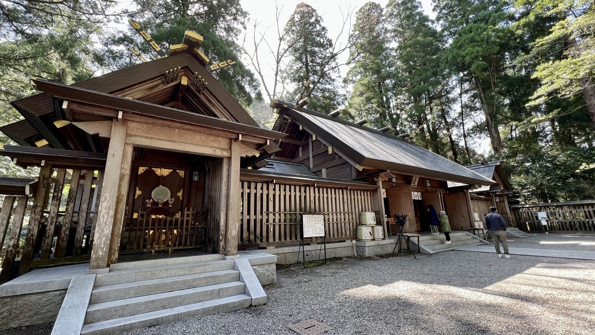 西本宮境内に建つ社殿と参拝者が行き交う境内の風景