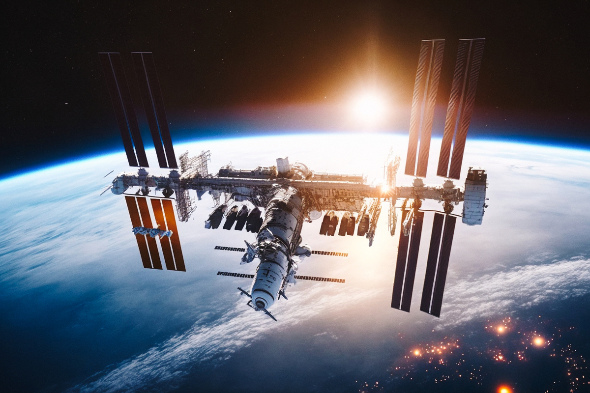 宇宙空間で朝日を受けて輝く国際宇宙ステーションと地球の曲線