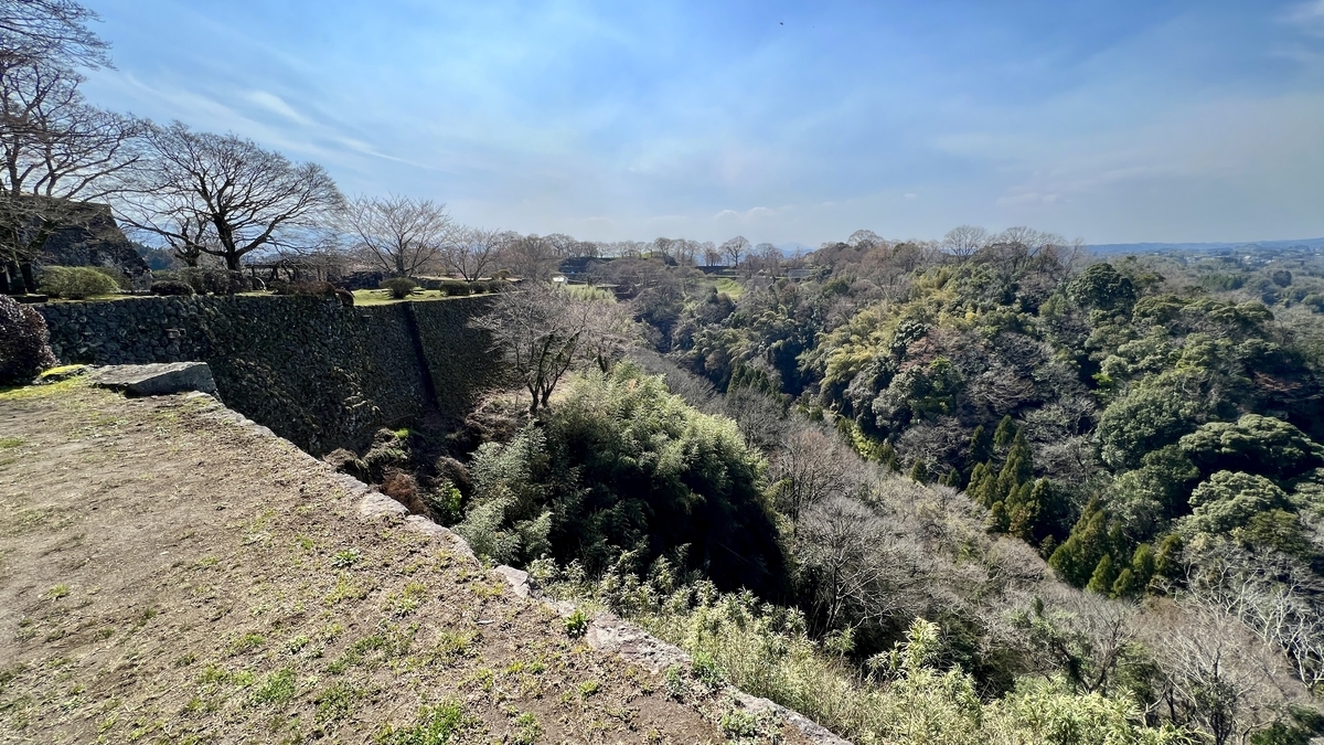 柵のない石垣の先に断崖と樹海が広がる岡城の眺望