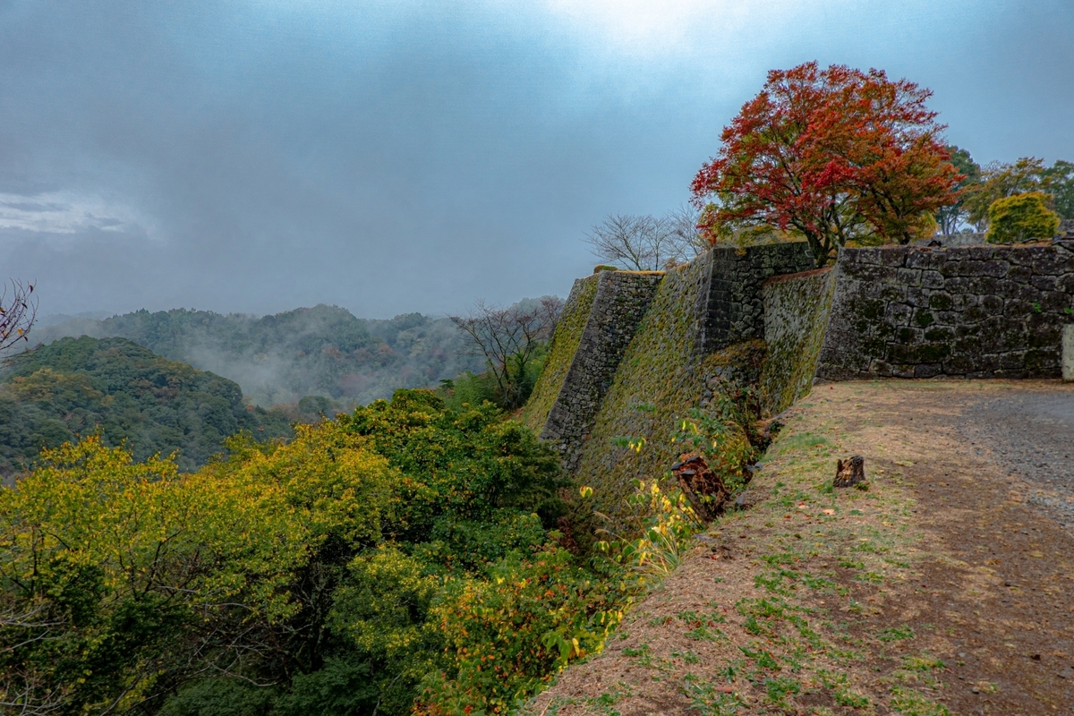 新緑に囲まれた岡城の高石垣と曲輪