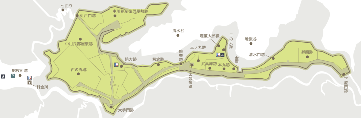 岡城跡の場内マップ全体図と各曲輪の位置
