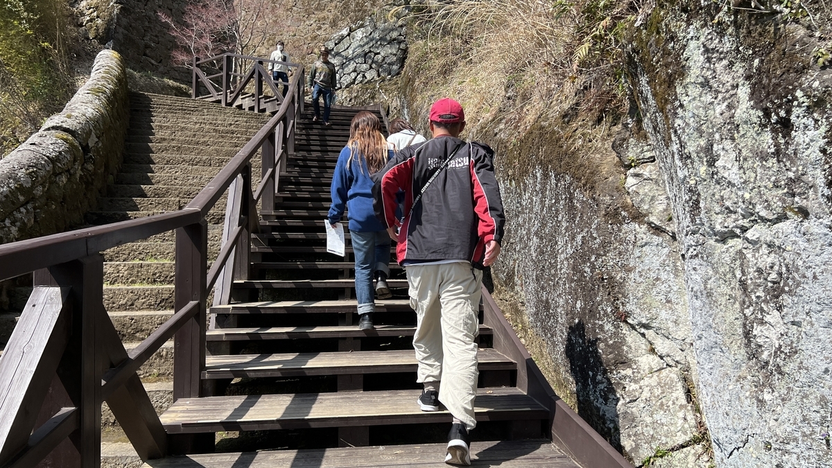 木製階段と石段の二種類を示す上り道