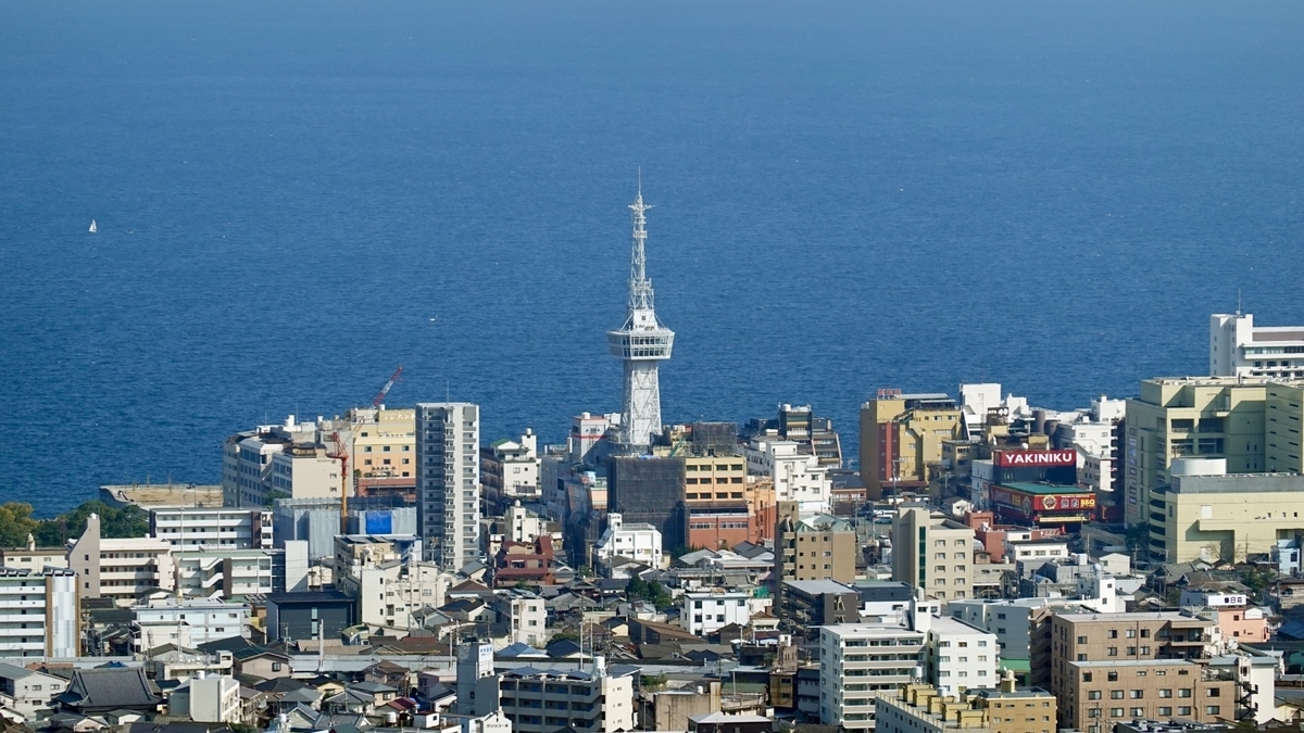 別府タワーと別府湾を望む市街地の俯瞰風景