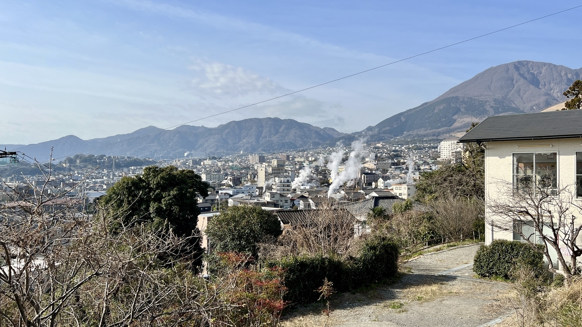 高台から見下ろす別府の街並みとあちこちから立ち上る湯けむりと山並みの景色