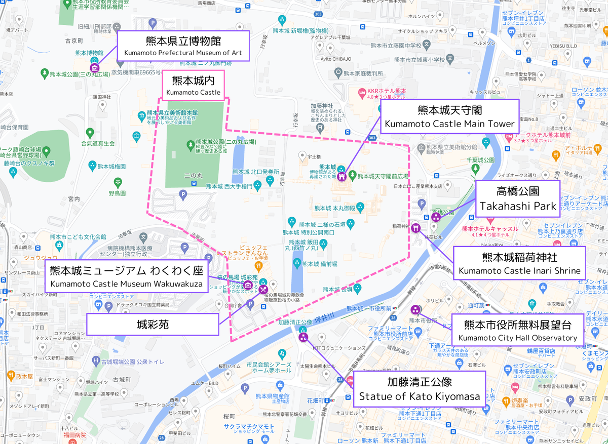 熊本城と周辺観光スポットの位置関係を示した地図と各スポット名の吹き出しラベル