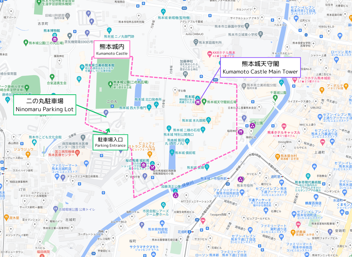 熊本城周辺地図に二の丸駐車場の位置と駐車場入口を示した案内図