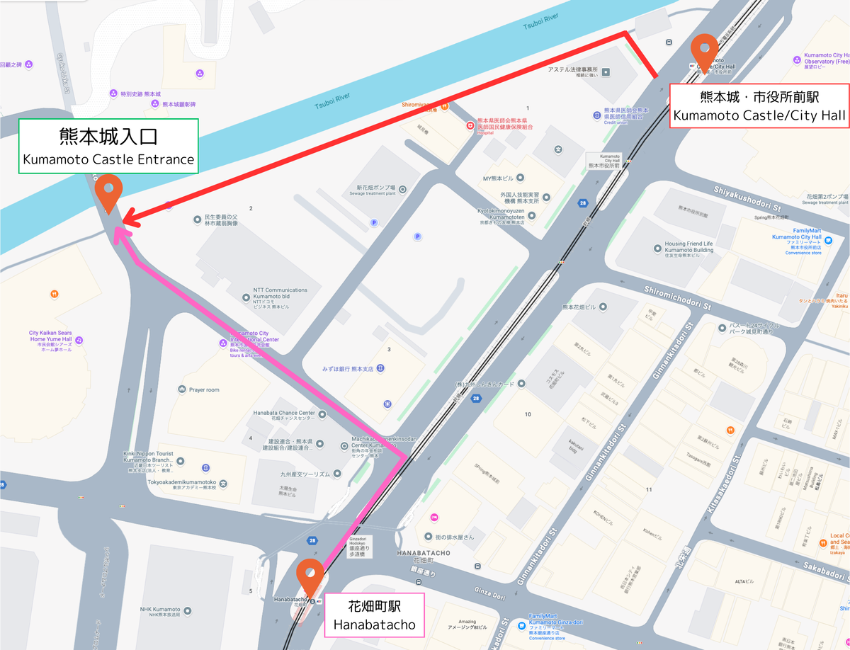 熊本城長塀沿いに熊本城入口へ向かう徒歩ルートを示した地図