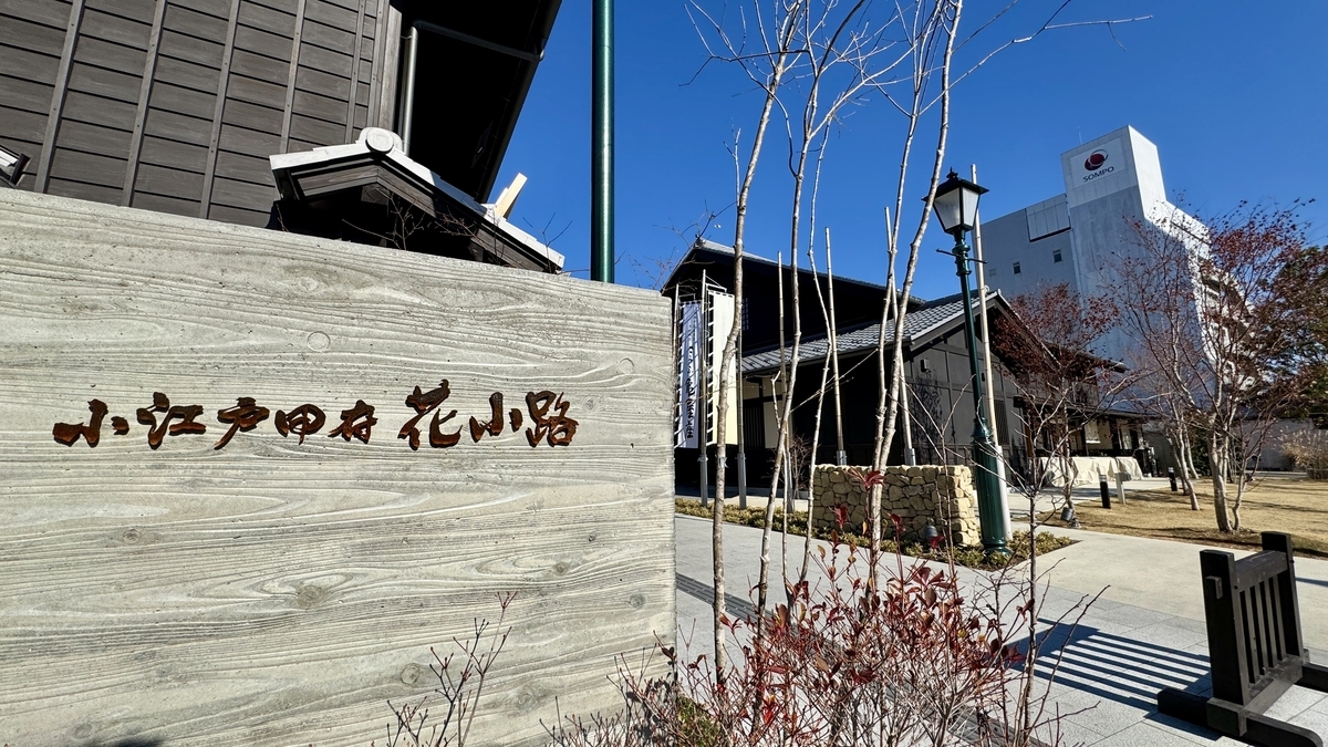 小江戸甲府花小路の木製看板と石畳の広場 町屋風の建物と街灯が並ぶ日中の景色