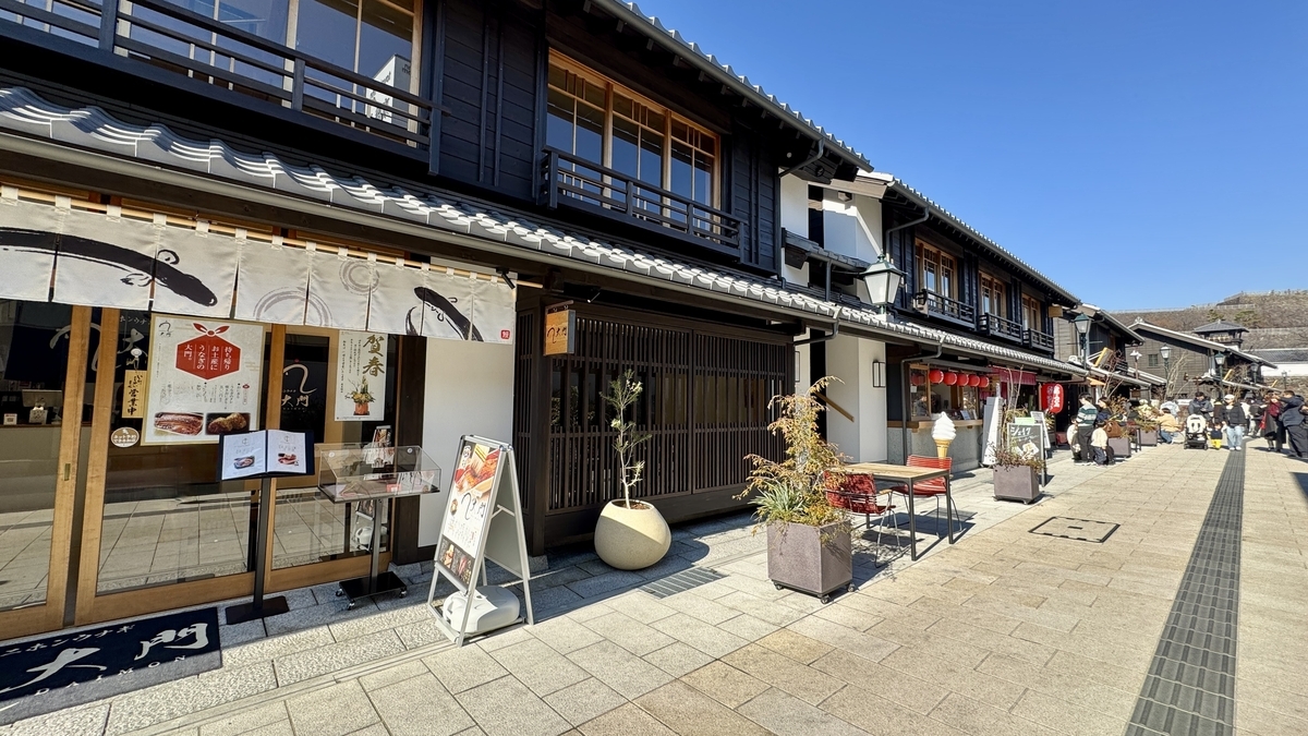 黒い町屋の店舗が並ぶ石畳の通り うなぎ店の看板や赤提灯と客でにぎわう昼の様子