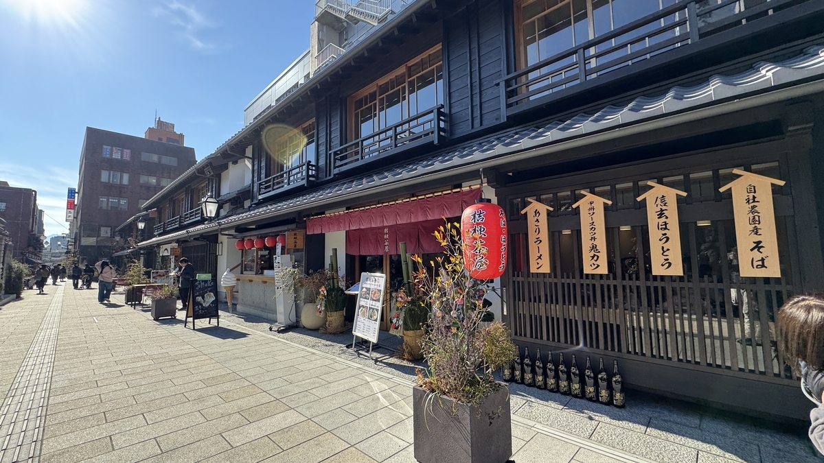 提灯と朱色の暖簾が掛かる町屋の飲食店 甲州ほうとうの札が並ぶ昼の石畳通り