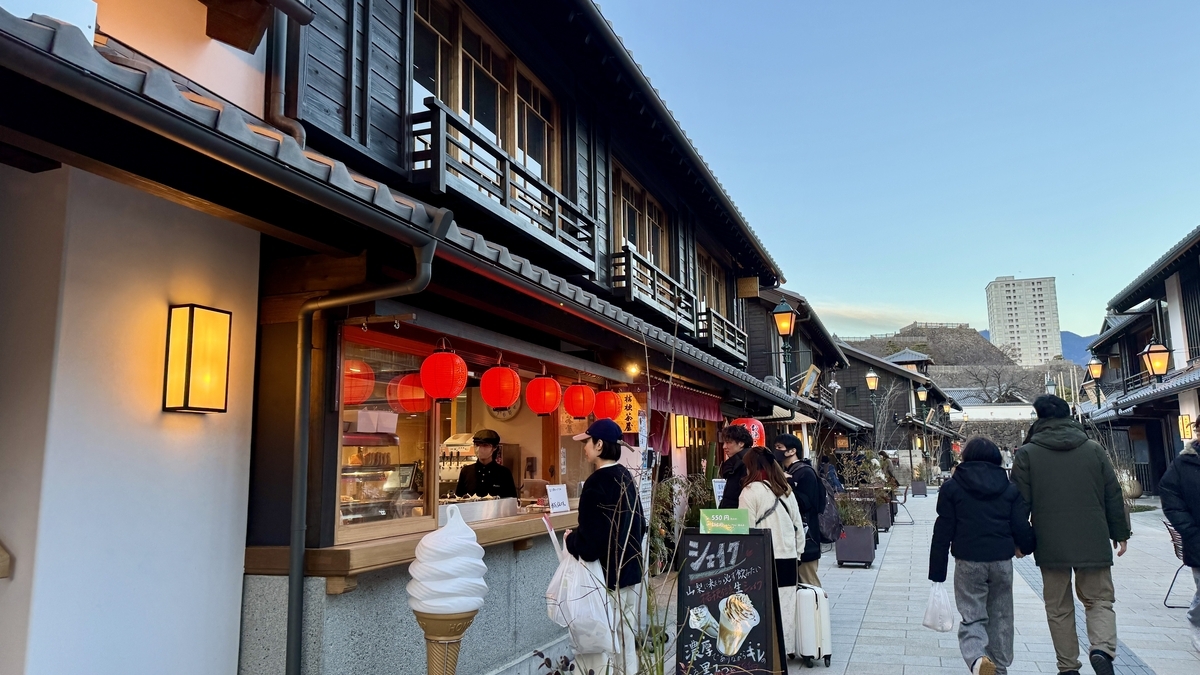 赤提灯が灯る屋台風の店先で買い物をする人々 ソフトクリーム看板が立つ夕方の通り