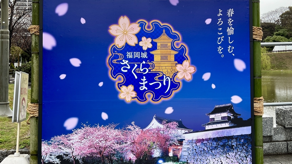 福岡城さくらまつりの案内看板と桜のイラストが描かれた青いパネル