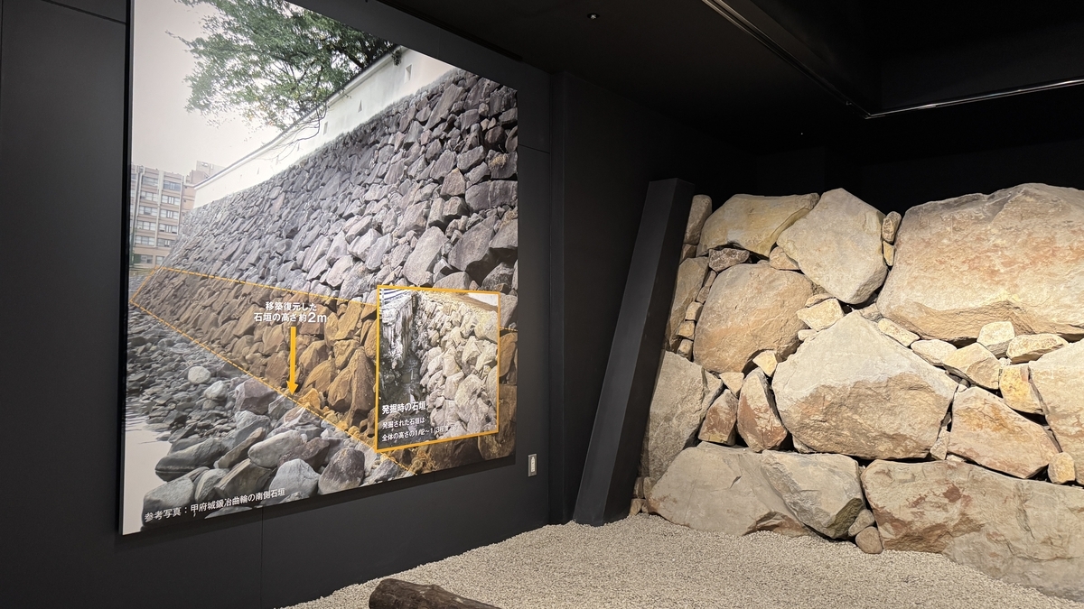 内堀石垣の解説パネルと展示室の野面積み石垣の一部