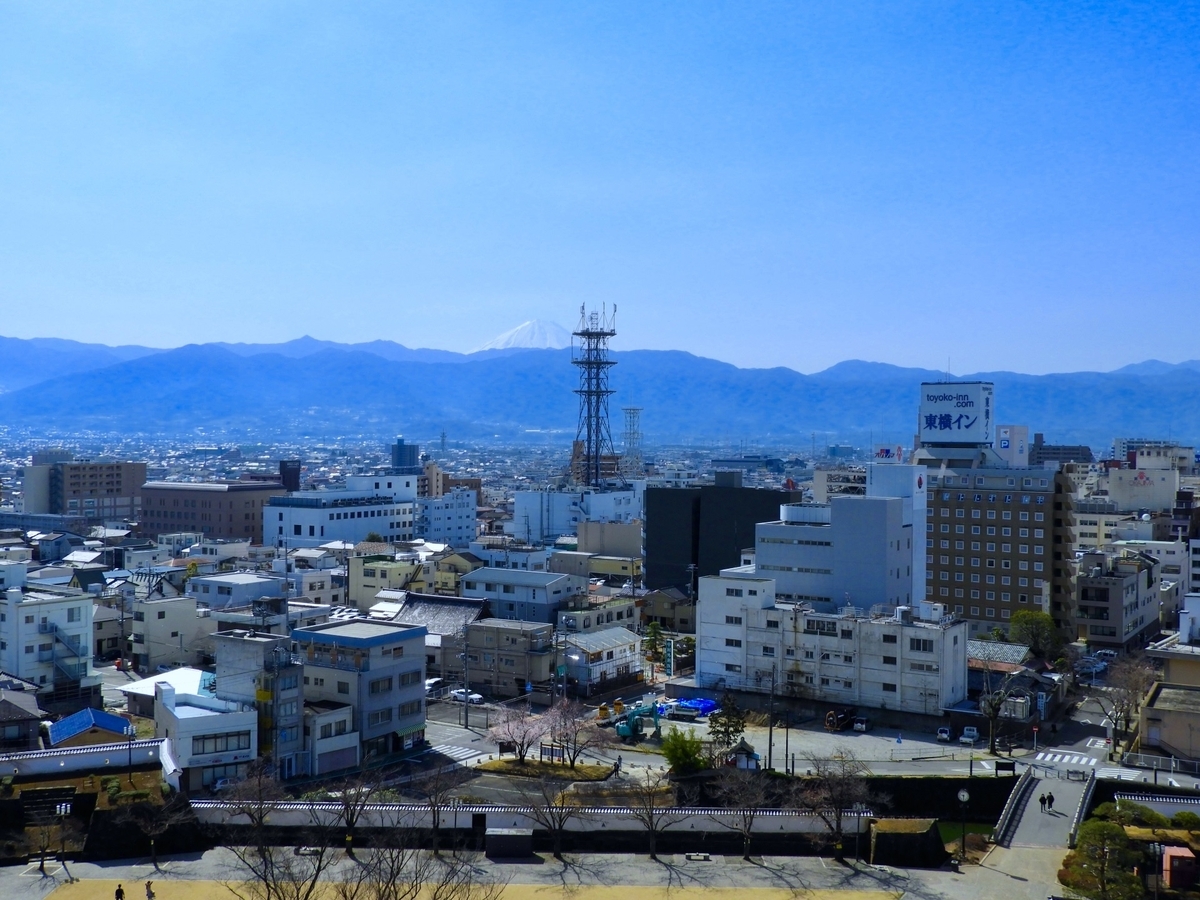 甲府の市街地の向こうに富士山が見える天守台からの眺め