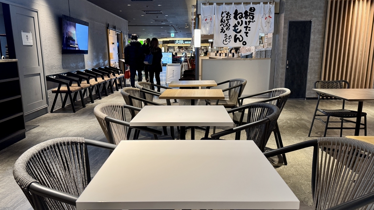 飲食店前に並ぶ丸椅子とテーブル席がある梅田しばちかの休憩スペース