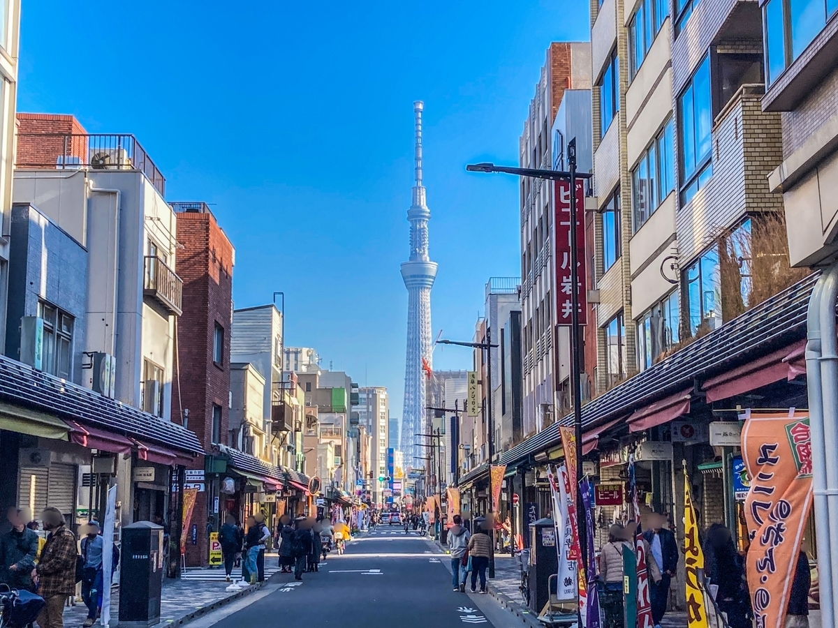 合羽橋道具街の通りと両側に並ぶ調理道具店の外観と遠景に見える東京スカイツリー