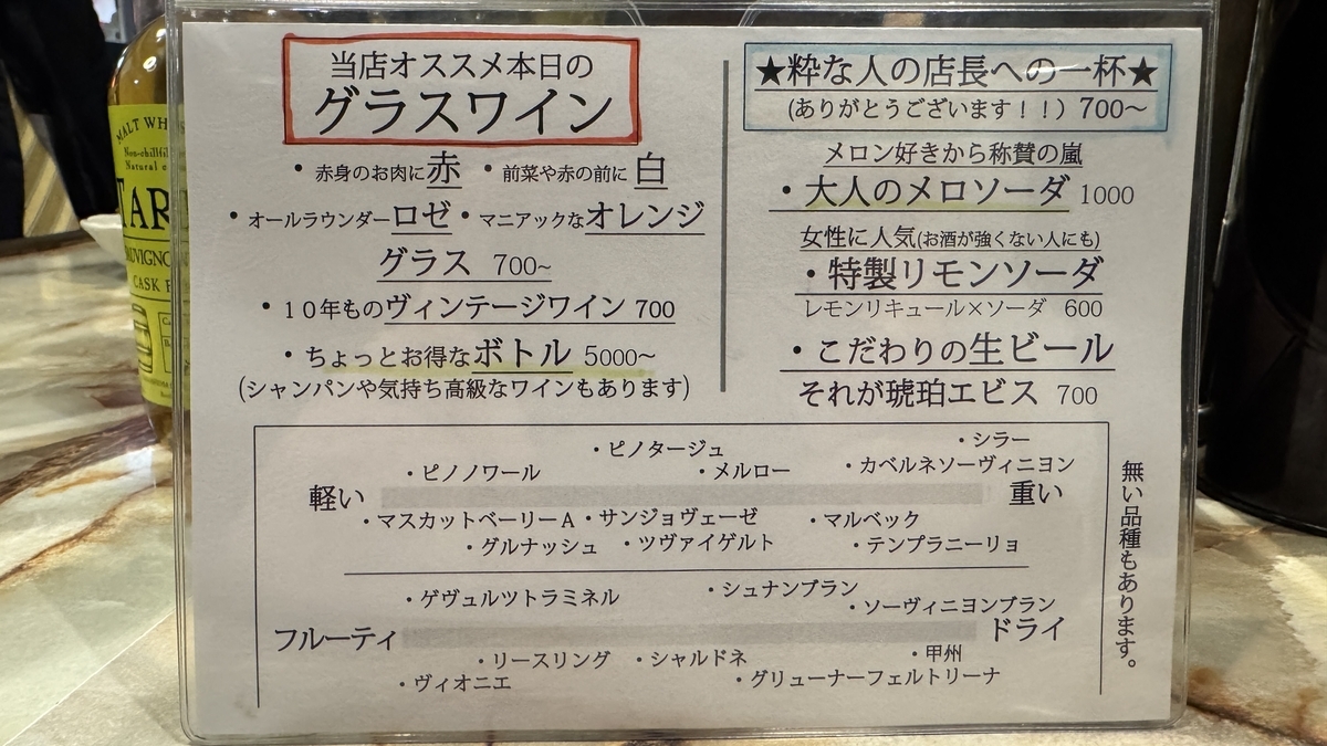 グラスワインの種類と価格が書かれたメニュー 赤白ロゼオレンジの説明と軽い重いの味わい図