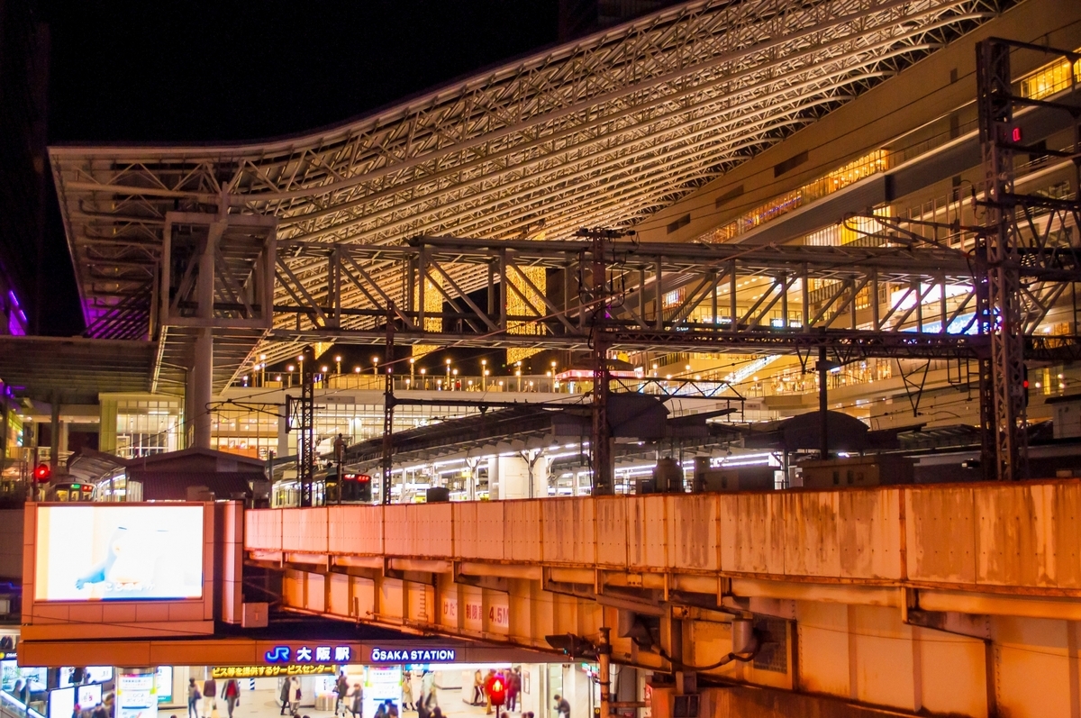 夜の大阪駅で高架とホームを見下ろす巨大な屋根がライトアップされている外観