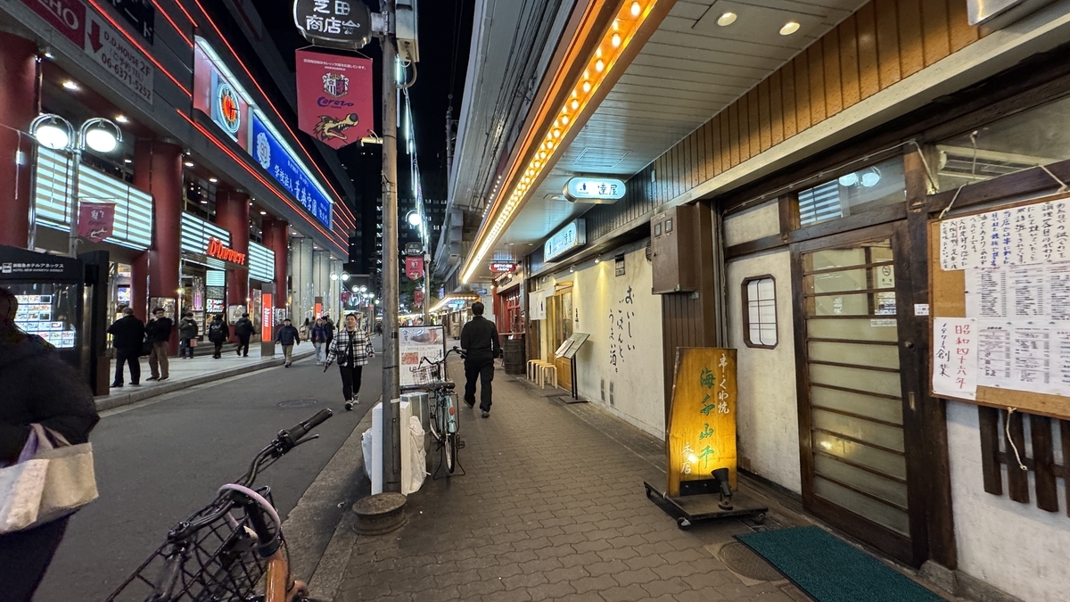 夜の芝田商店街通りに並ぶ飲食店の店先と提灯看板の風景