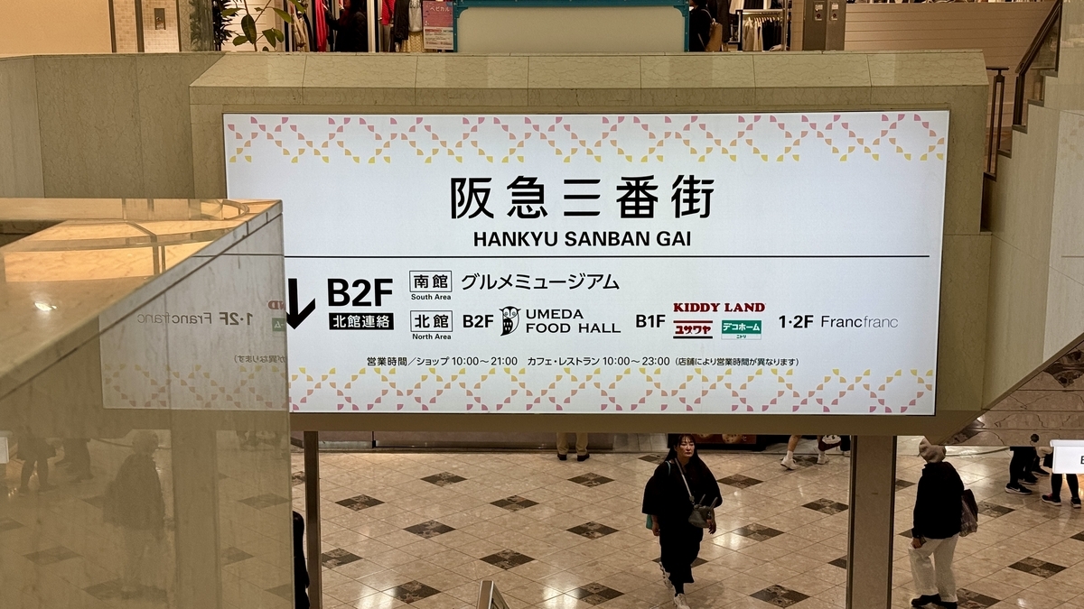 阪急三番街のB2F案内板にUMEDA FOOD HALLの位置が表示された館内誘導サイン