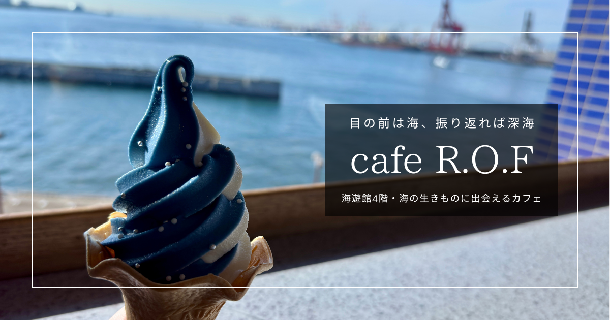 窓辺の大阪湾を背景に青白のジンベエソフトと cafe ROF の案内文字が重なるキービジュアル