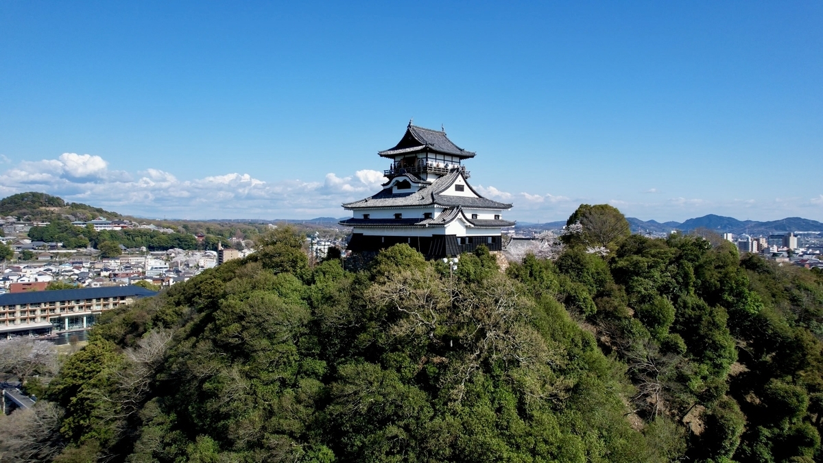 緑の丘の上に建つ白壁の城を空撮した風景