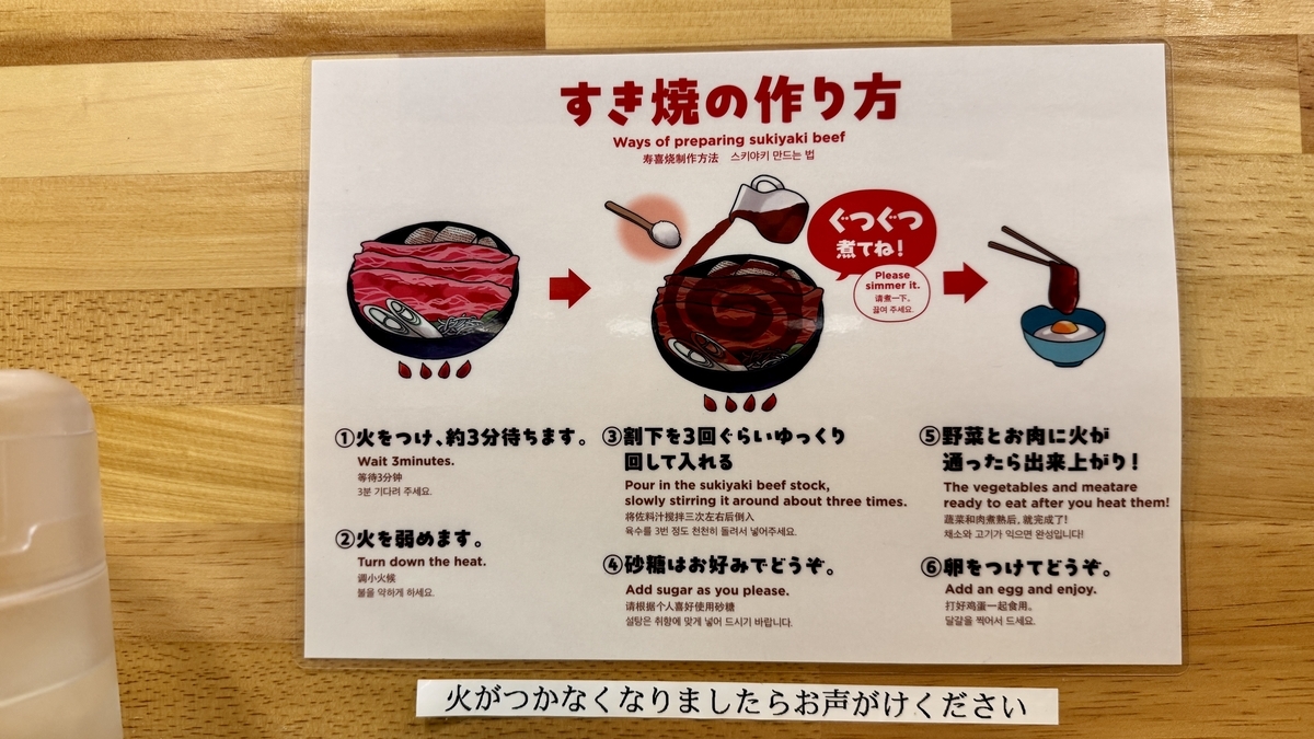 多言語で書かれたすき焼きの作り方案内