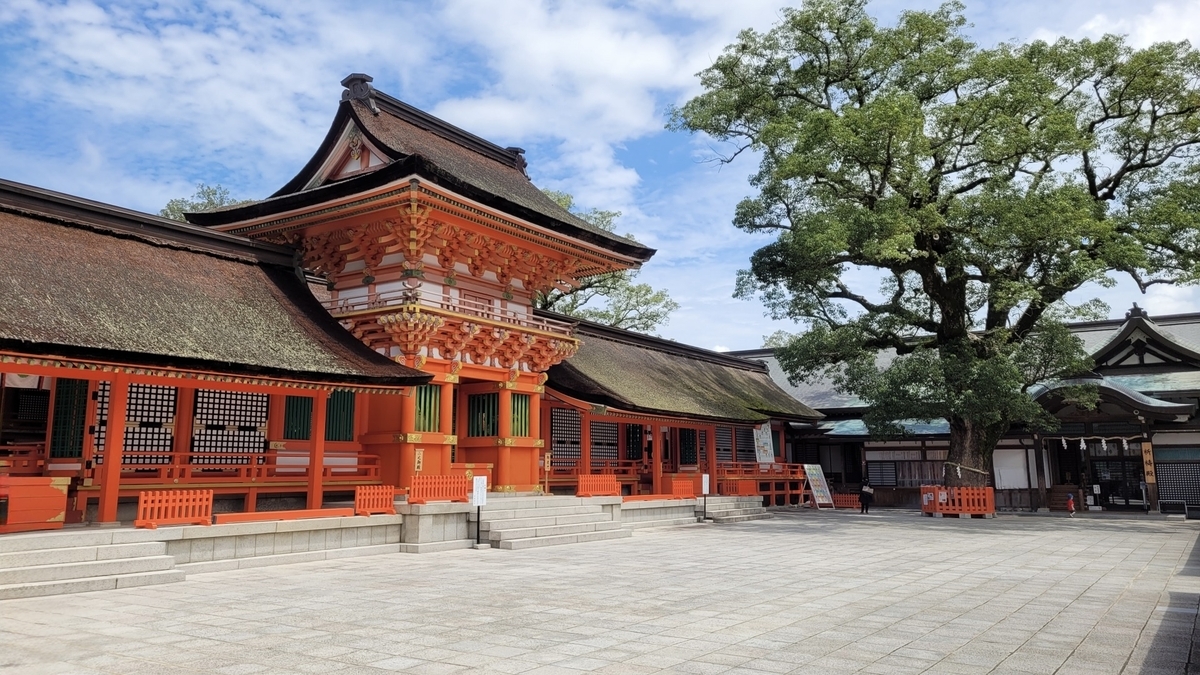 宇佐八幡宮の朱塗りの社殿と大楠