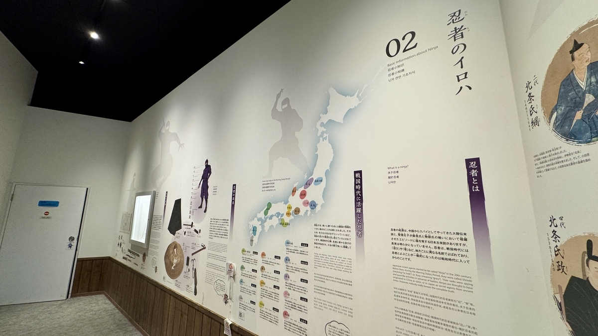 忍者のイロハを解説する壁一面の展示