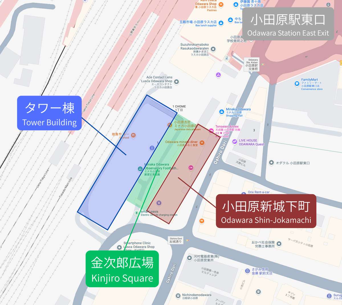 タワー棟と小田原新城下町と金次郎広場の位置関係を示す案内マップ