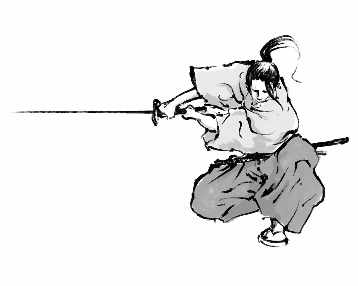 刀を構える武士を描いた水墨風のイラスト