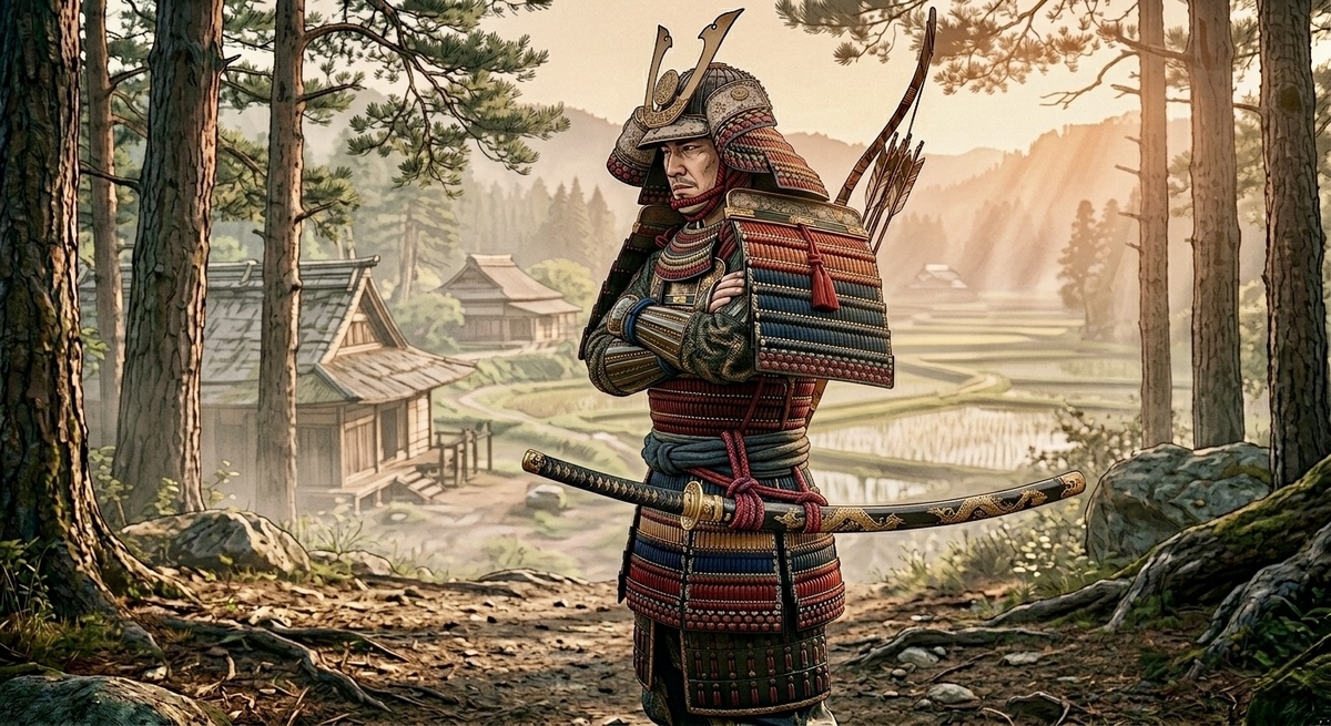 鎧姿で太刀を佩いた武士