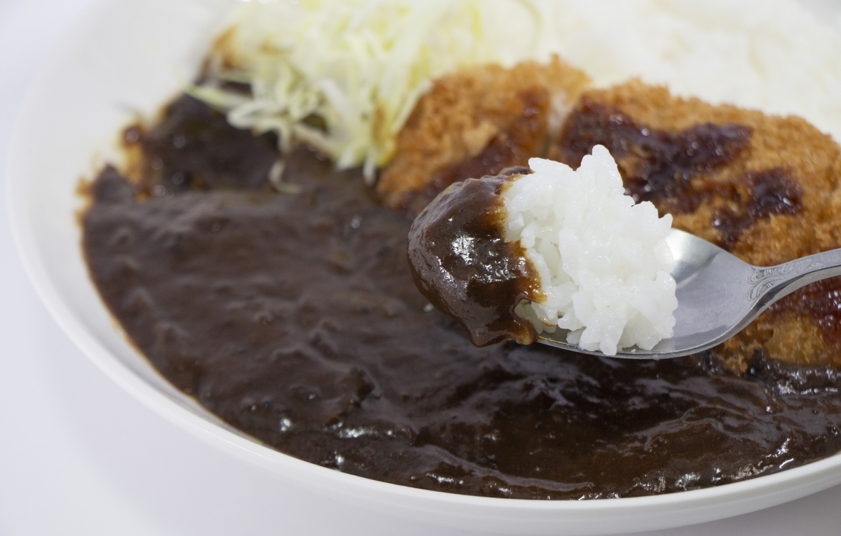 濃厚な黒いルーとカツをスプーンですくう金沢カレー