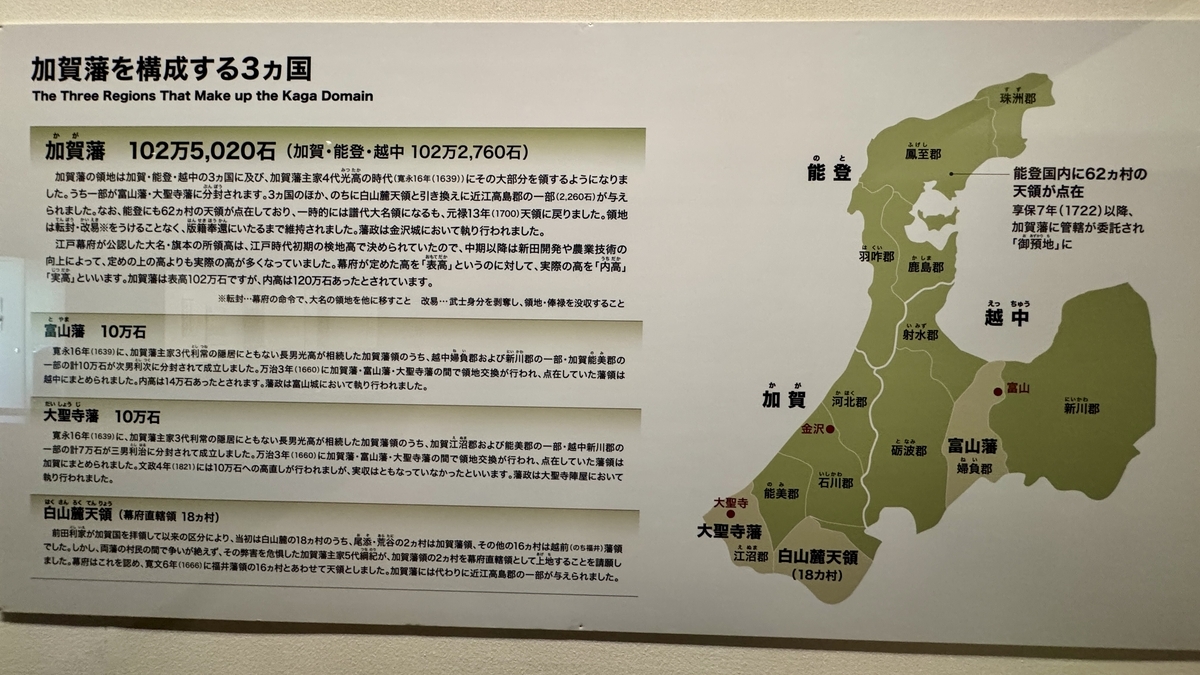 加賀藩を構成する3ヵ国を地図と石高で示した解説パネル