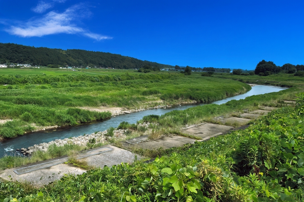 喜連川温泉周辺を流れる川と緑の田園風景