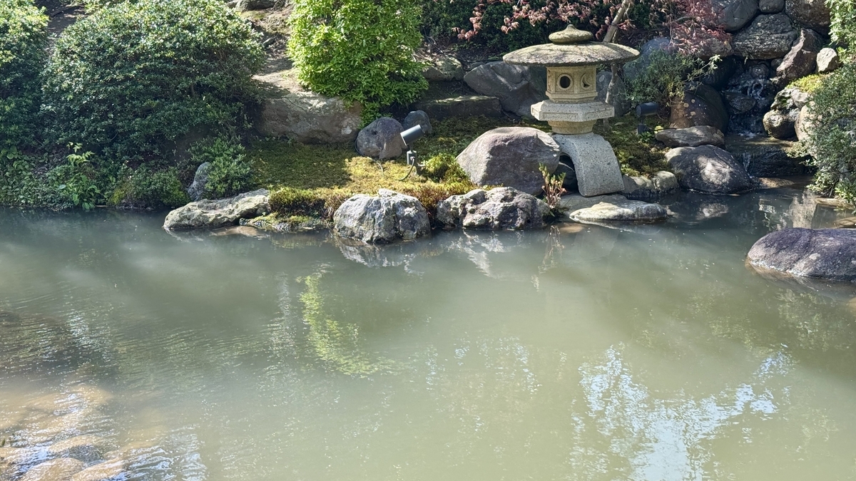 千田家庭園の池畔に立つ石灯籠と奥に流れる滝