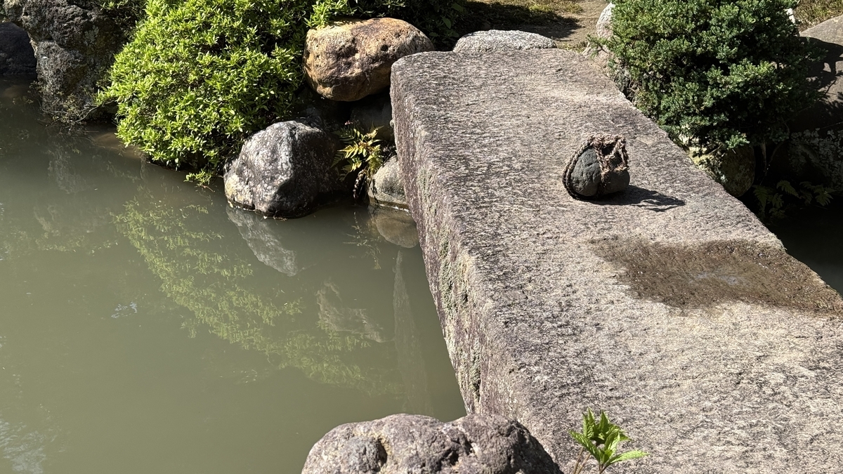 千田家庭園の池に架かる赤戸室石の石橋と縄付きの石