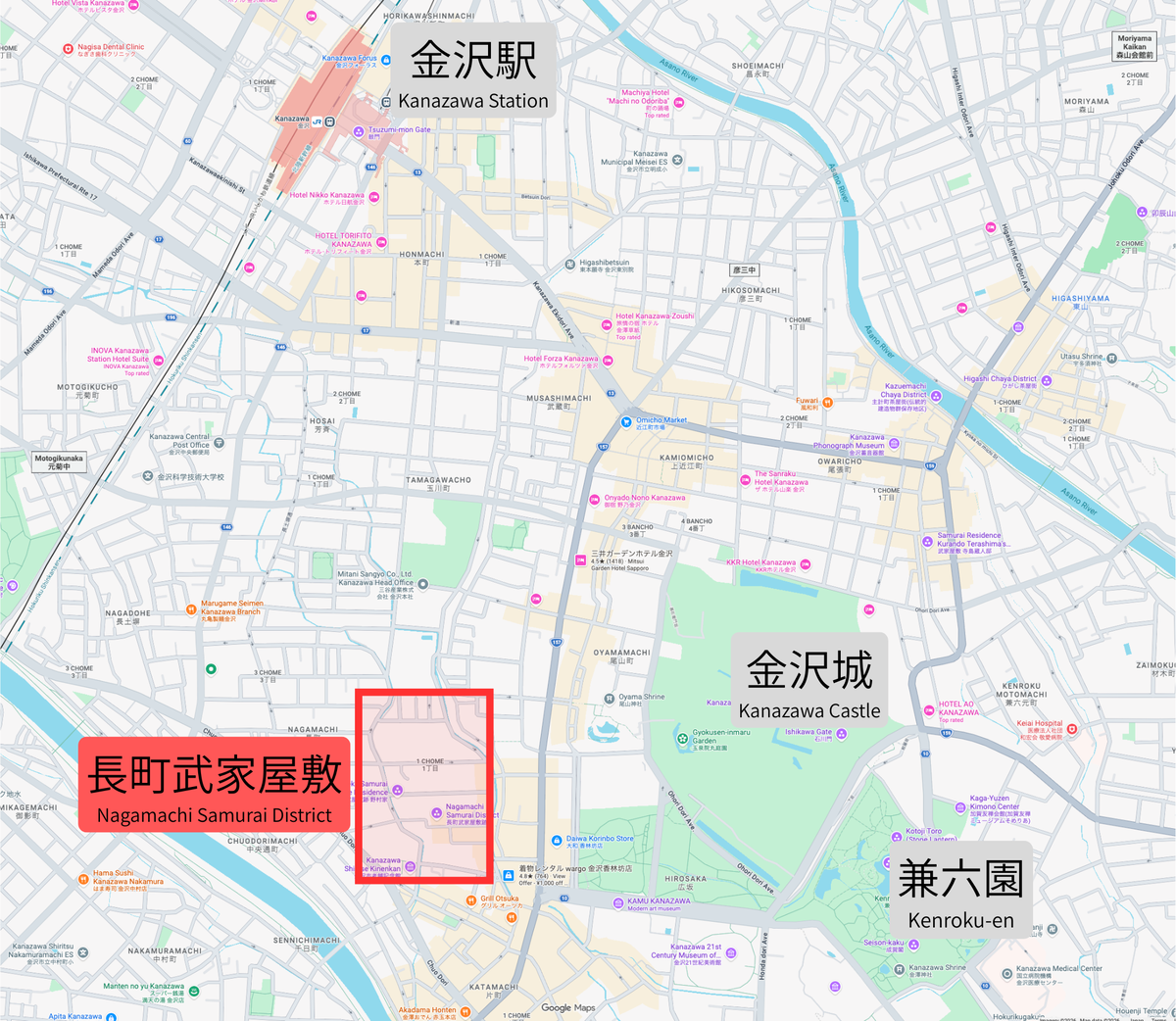 金沢駅や金沢城や兼六園と長町武家屋敷跡の位置関係を示す地図