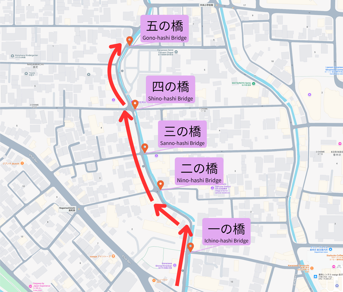 一の橋から五の橋まで北上する長町武家屋敷跡の散策ルート図