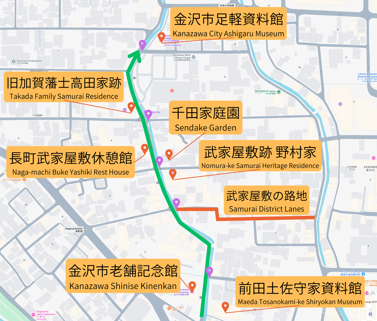 長町武家屋敷跡の主要な博物館と観光スポットの分布図