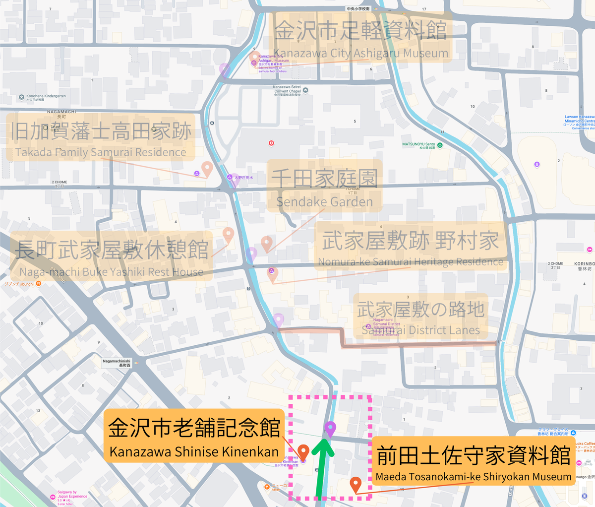 一の橋周辺にある金沢市老舗記念館と前田土佐守家資料館の地図