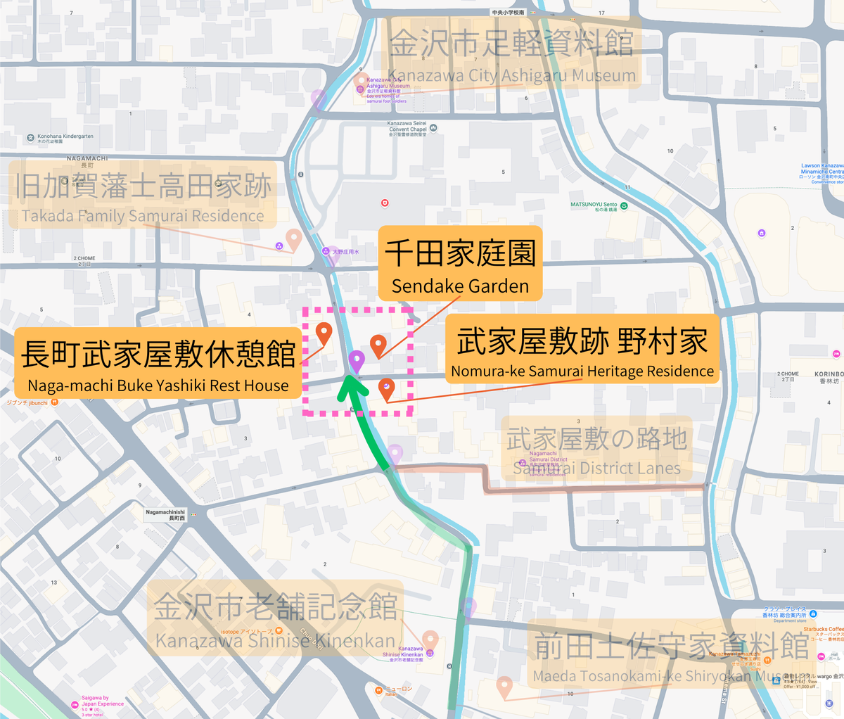 三の橋付近の休憩館と野村家と千田家庭園の地図
