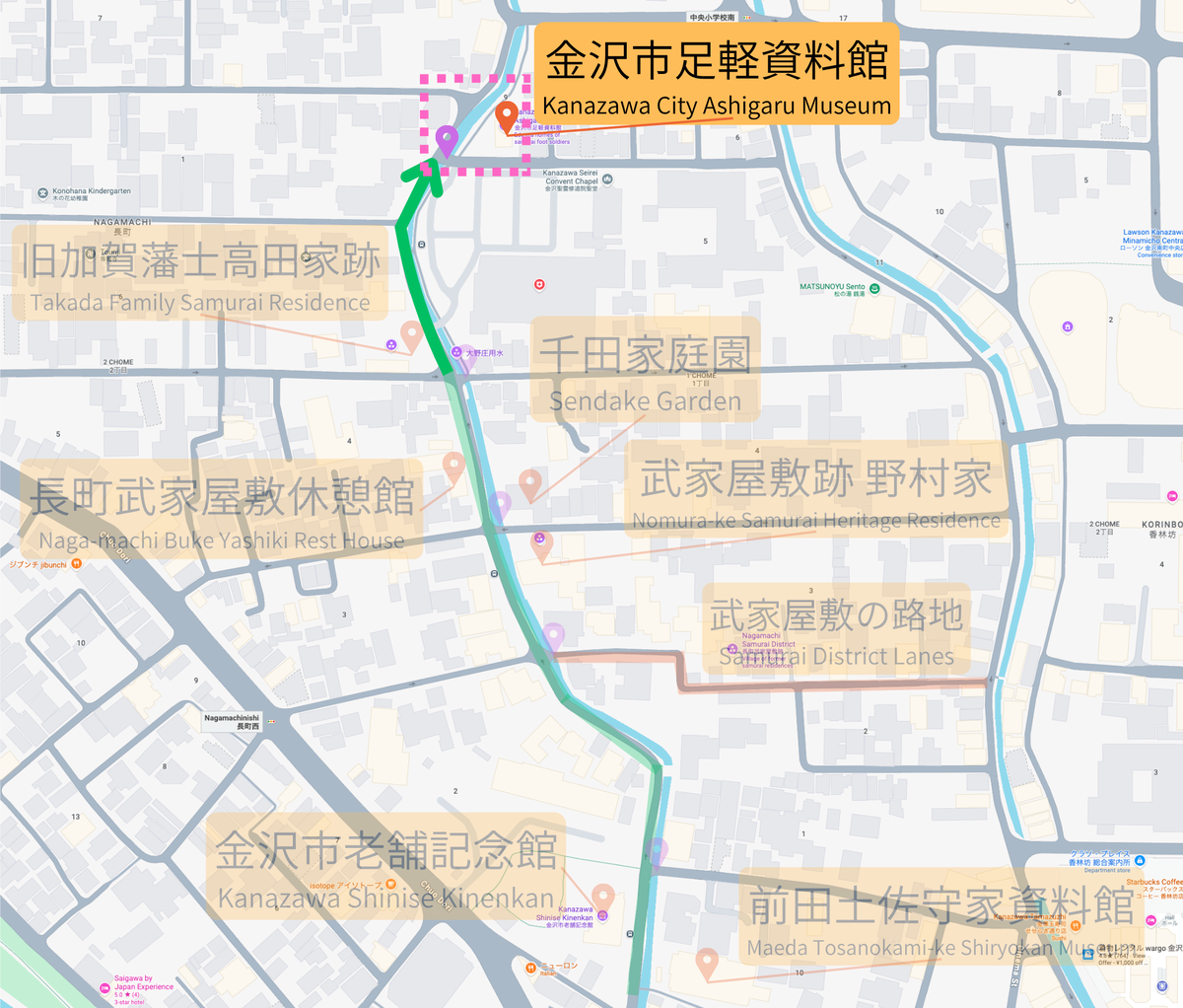 五の橋付近にある金沢市足軽資料館の地図