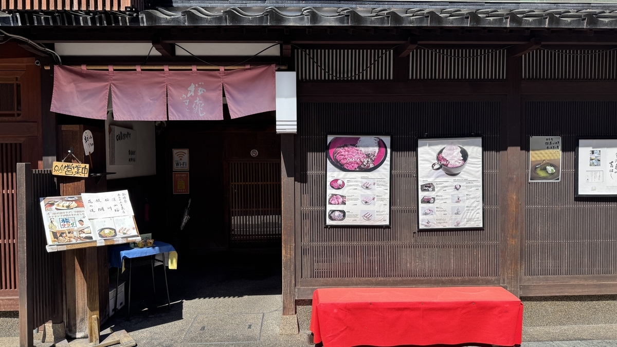 茶屋建築の店舗前に掲げられた甘味メニュー