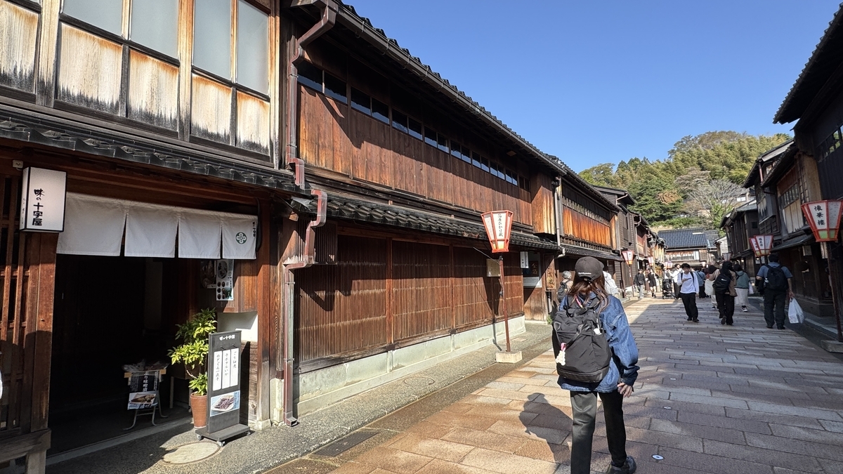 茶屋建築の前を観光客が歩くひがし茶屋街の通り