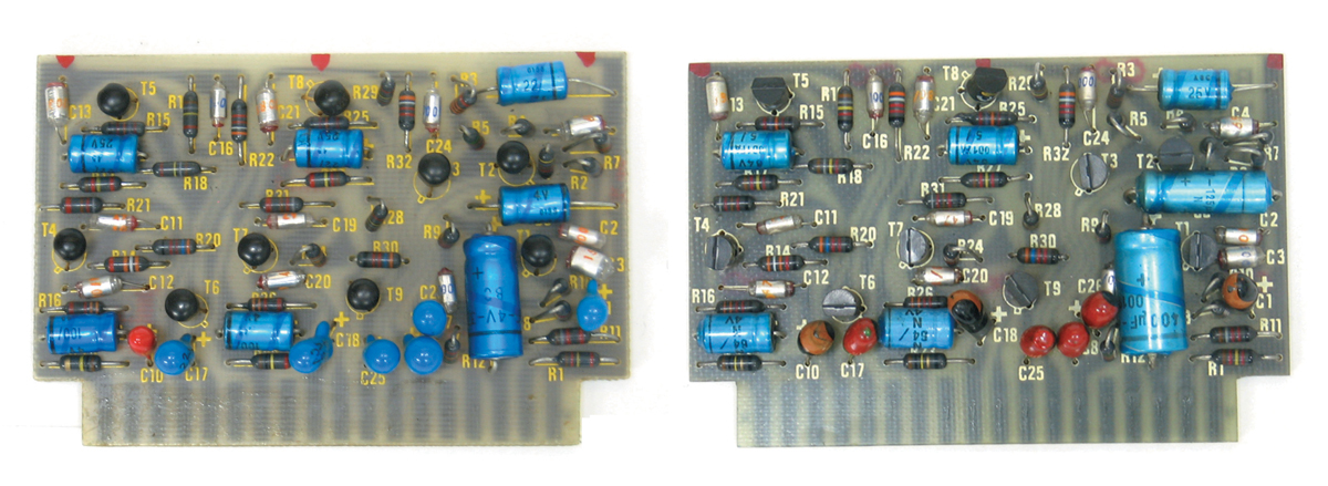 電解コンデンサーを多く備えるBA284ボード。左が後期、右が初期型。両者はコンデンサーの値が異なるところが多い