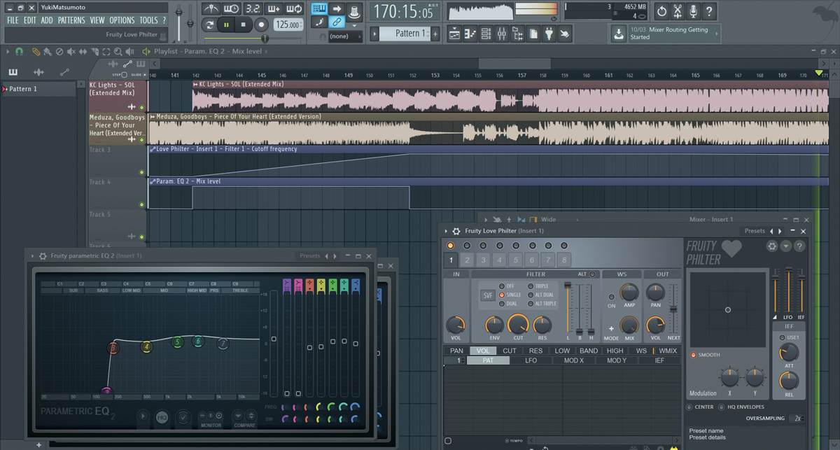 FL Studioならマッシュアップも簡単に作ることができる。この画面ではビルドアップに向かうにつれて別の曲がフィルター・インされて、最終的にドロップで違う曲が流れるようになっている。使用したフィルターはFruity Love Philter（画面右下）