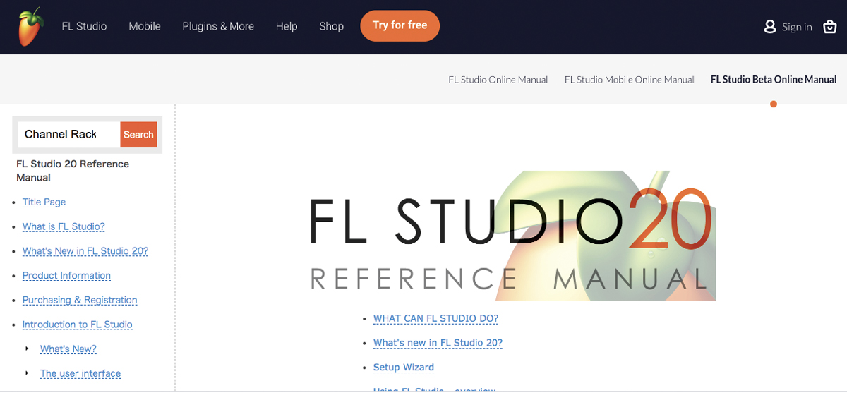 FL Studioにはオンラインのリファレンス・マニュアル（www.image-line.com/fl-studio-learning/flstudio-online-manual）が用意されている。左側に設置されたテキスト・ボックスを使って、知りたいプラグインや機能に関して詳細に書かれた英語のページを検索できる。なお、新規購入者にはPDFで日本語版マニュアルが用意される